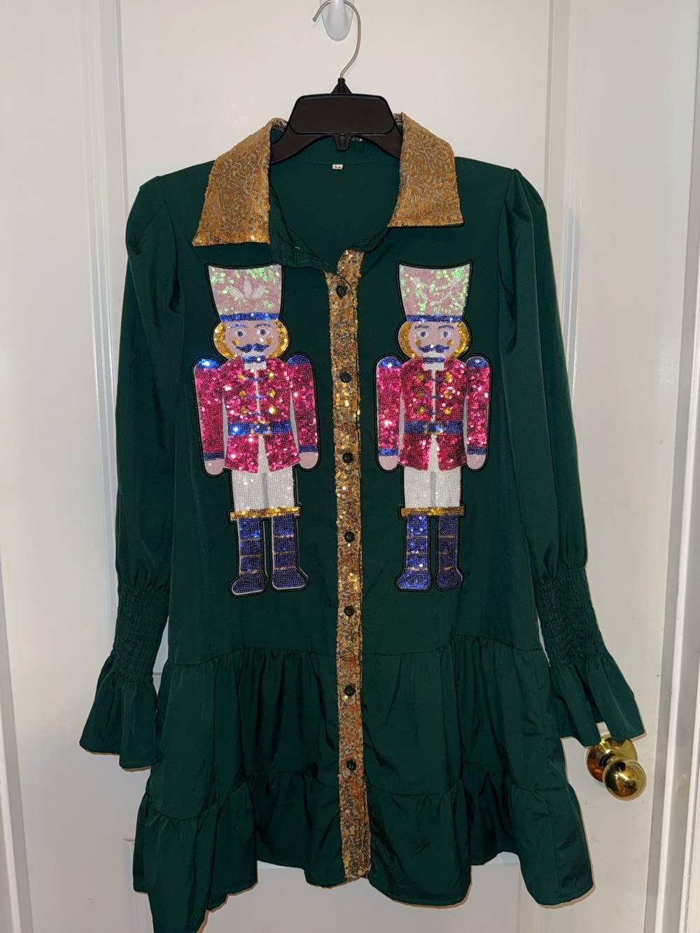Green Nutcracker Sequin Tunic Dress with Gold Trim - Picture 1 of 7